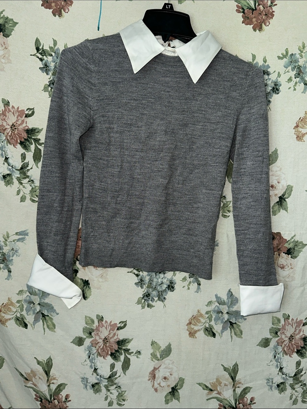 Alice + Olivia Gray Crewneck Sweater with White Collar and Cuffs